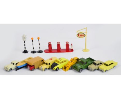 A quantity of small diecast playworn Lesney cars including Vauxhall Victor, Ford Prefect, Jaguar XK140, service station, pair