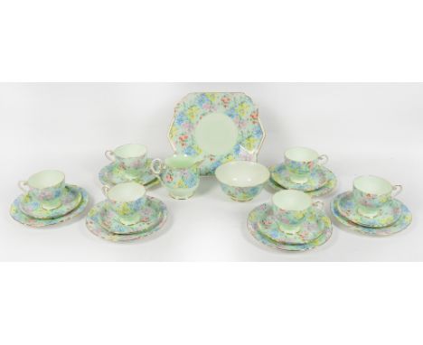 A Shelley "Melody" tea service, comprising six cups and saucers, six side plates, sandwich plate, cream jug and bowl, L12974/