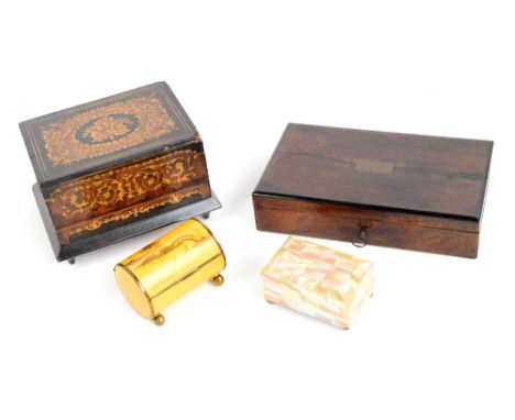 A small quantity of collectable items comprising an inlaid cantilevered musical cigarette box, a small mother of pearl covere