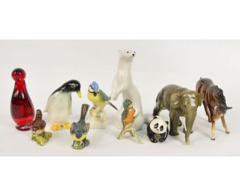 Nine various ceramic animal figures including a Beswick "grey wagtail, 1041" and "wren, 993", also a red glass duck. CONDITIO