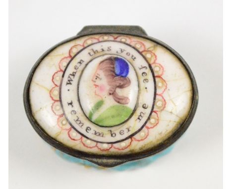 An 18th century Bilston enamel oval patch box, decorated to the lid with an oval portrait profile bust of a young woman with 