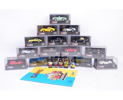 A collection of fifteen modern cased Corgi model sports cars including Porsche, Jaguar, Healey, Ferrari, etc, and five chalk 