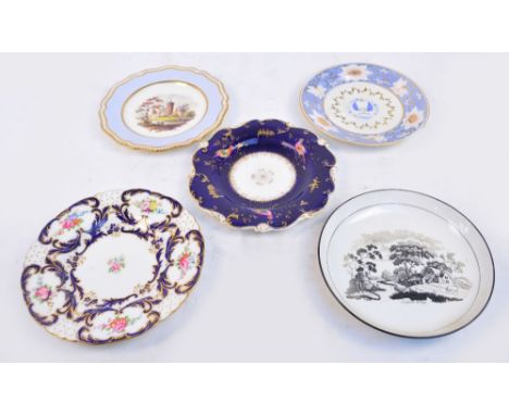 Five early 19th century porcelain cabinet plates comprising a Newhall bat printed example, a Chamberlain's Worcester floral d