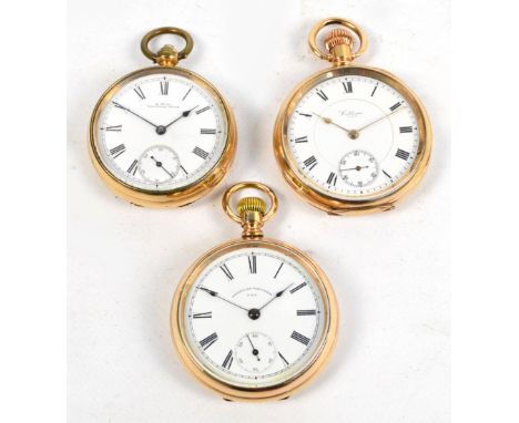 Three gold plated open faced Waltham pocket watches, two crown wind, each with circular white enamel dial set with Roman nume