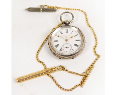A 925 silver cased open face key wind pocket watch with white enamel dial set with Roman numerals and subsidiary seconds dial