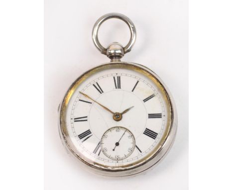 A late Victorian hallmarked silver key wind open faced pocket watch with two-piece white enamel dial set with Roman numerals 