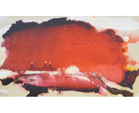 A 20th century mixed media on paper, abstract landscape with figures in a tractor, indistinctly signed, 33 x 63cm, framed and