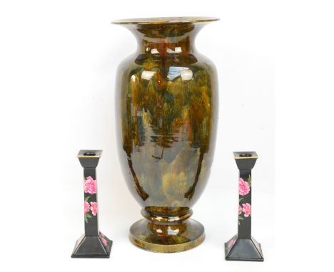 A very large baluster shaped ceramic umbrella pot with hand painted flowers on slip glaze ground, height 59cm and a pair of b