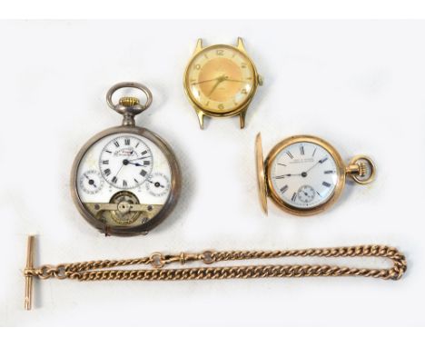 A gold plated full hunter crown wind fob watch with white enamel dial inscribed "John Mennie, Gateshead-on-Tyne", a Hebdomas 