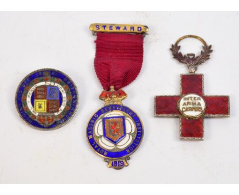 A Victorian silver crown, later enamel decorated and now with pin back for a brooch, a hallmarked silver Masonic jewel inscri