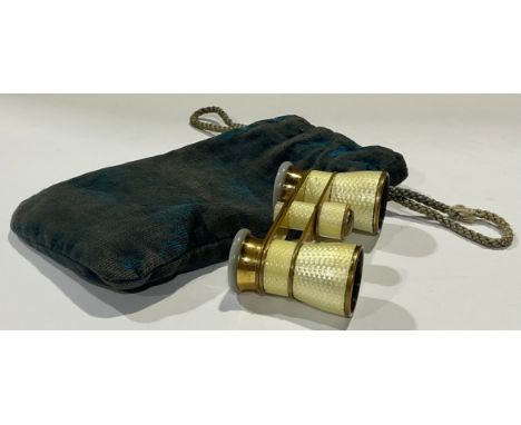 A pair of 19th century enamel and mother of pearl opera glasses with bag 
