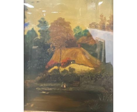Jarvis Chamberlain  Cottage with Figures and Ducks on a Lake  signed, oil 