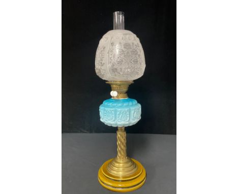 A Victorian oil lamp, frosted and moulded shade, stepped base, c.1890 