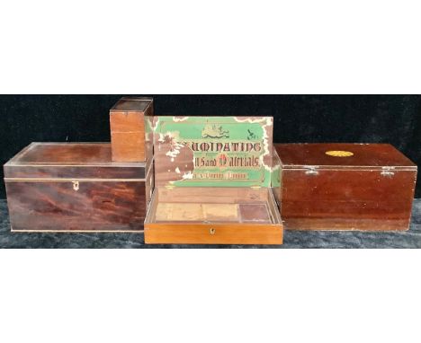 A 19th century mahogany rectangular tea caddy, marquetry banded hinged cover, 31cm wide, a/f; a mahogany rectangular artist's