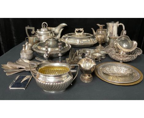 Silver Plated Ware - an early 20th century half-fluted boat shaped tea service; an entree dish; an hors d'oeuvres dish; etc 