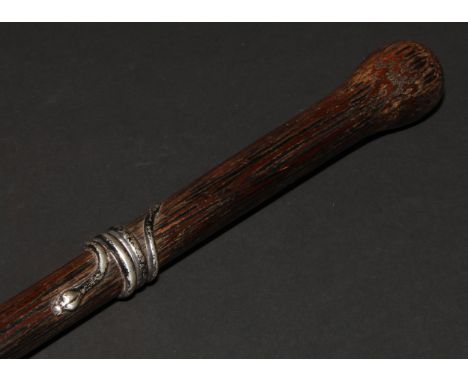 An early 20th century silver coloured metal mounted palmwood walking stick, the cane entwined by a coiled snake, 89.5cm long 