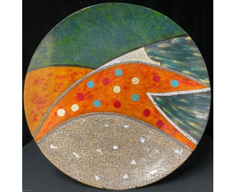 Interior Design - a large mid 20th century circular wall plaque, contemporary design inlaid with mother of pearl, 55cm diamet