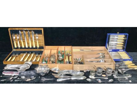 An EPNS Elkington part set of flatware, trefid terminals; other EPNS flatware, Kings pattern, etc; a pair of silver plated ta