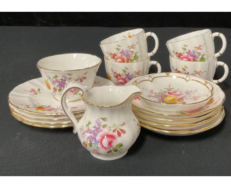 A Royal Crown Derby 'Derby Posies' tea service for four comprising four tea cups, saucers, side plates, milk jug, sugar bowl,