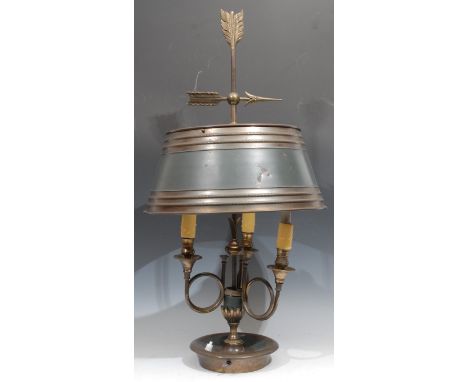 A French Empire style brass and green painted bouillote lamp, arrow cresting, dished base, 78cm high, mid 20th century 