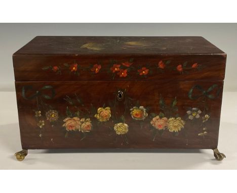 A GIII rectangular mahogany tea caddy, later painted with ribbon tied musical trophies and floral swags, the hinged cover enc