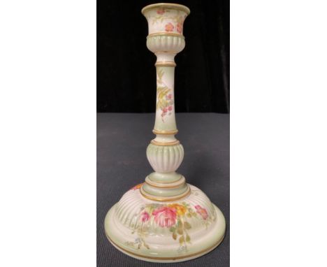 A Royal Worcester single candlestick, painted with trailing blossom and ferns, domed reeded circular base, regno. 258684, 19.
