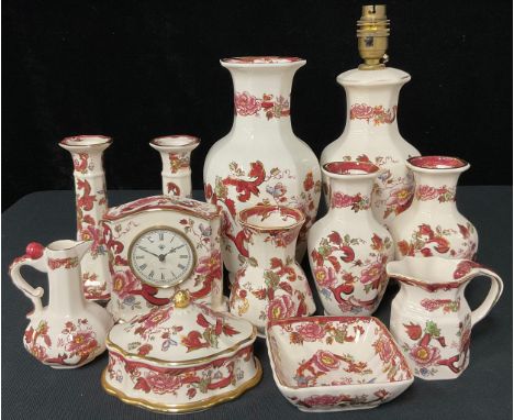 A Mason's Mandalay Red pattern table lamp, mantel clock, vase, pair of smaller vases, pair of candlesticks, trinket pot and c