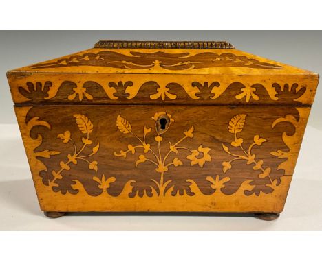 A Victorian birdseye maple and walnut Killarney type marquetry sarcophagus shaped tea caddy, the cover and front inlaid with 