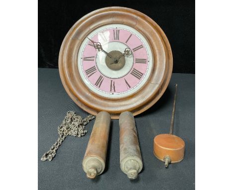 A Victorian Postman's alarm wall clock, with pendulum and weights 