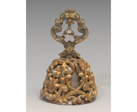 A 19th century gilt metal and enamel table bell, cast and embossed with a profusion of flowers and leafy scrolls, 11cm high 