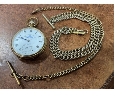 A gold plated Tho's Russell &amp; Son pocket watch, Tempus Fugit, Liverpool, precision, white enamel dial, Roman numerals, su