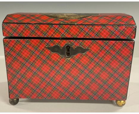 A 19th century domed rectangular royal Stuart tartanware tea caddy; the interior with two lidded compartments, ball feet, 20c