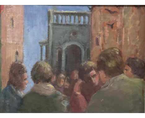 In The Manner Of Bernard Dunstan  Figures in Conversation  oil on board, 16cm height x 21cm width 