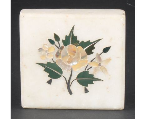 A pietra dura paperweight, inlaid in specimen stones and mother of pearl with a spray of flowers, 9.5cm square 