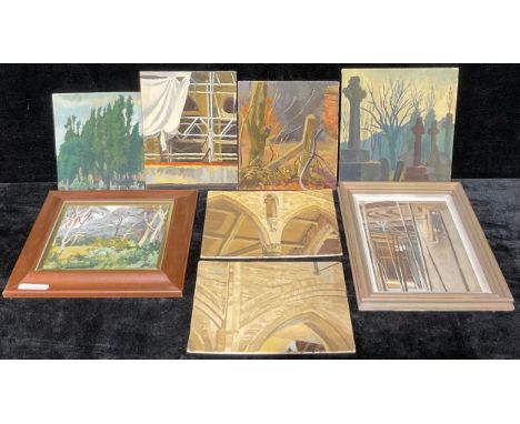 Paul Howden, Impressionist School, a collection of eight, Woodland and Architectural Studies, monogrammed, oil on board, the 