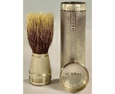 A Victorian silver cylindrical travelling shaving brush, engine turned 