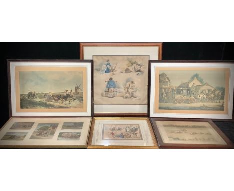A pair of coaching prints, Coaching Incidents, Figures, George Moorland, published 1795; a six in one coaching print; Songs H