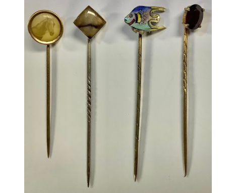 A Blue John stickpin; horse head; enamel fish; garnet (4) 