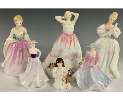 Royal Doulton figures, Claire, HN3209; Alison, 3264; Denise, 2477; Innocence, HN 3730; Coalport figures, Debuantes, The Garde