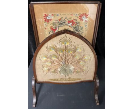 A 19th century mahogany rectangular needlework and beadwork fire screen, decorated with scrolling floral motifs, 67cm high; a