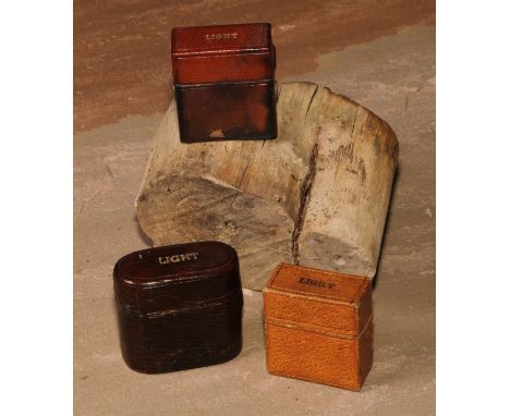 A late Victorian/Edwardian morocco leather travelling vesta, hinged cover inscribed Light, 5cm long, c.1900; others, similar 