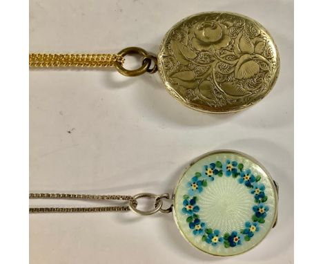 A silver and enamel forget-me-not locket; a Victorian enamel locket 