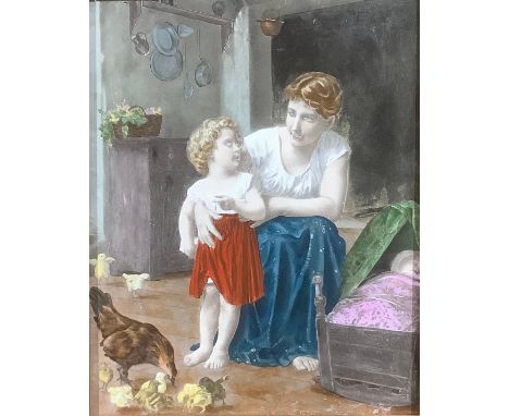 A late 19th century decorative printed tile, hand tinted in bright colours, mother and child in a cottage interior, 23cm x 18