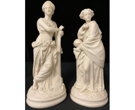 A Parian ware figure, after the antique, of Urania, with globe and compass, 32cm high, early 20th century; another similar, M