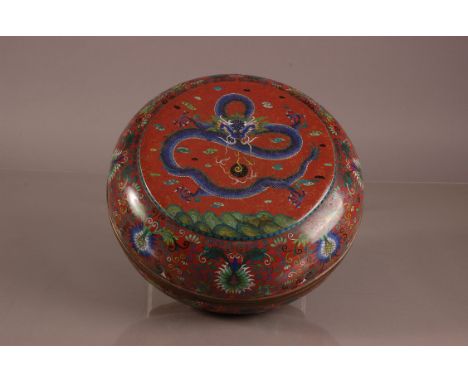 A nice early 20th century Chinese cloisonne circular box, 30cm diameter, with dragon chading flaming pearl to cover, some scr