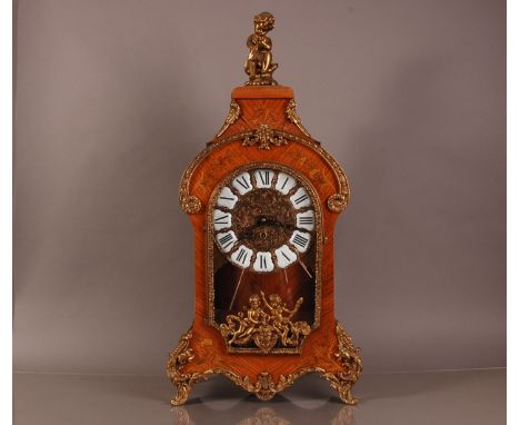 A large Louis XI style mid 20th century kingwood and brass bracket clock, 76cm high, with inlaid flowers to case and having p
