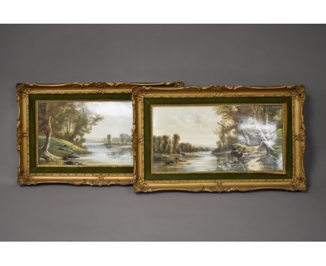 19th century (British School), 20cm by 39cm, handpainted on tile, two countryside river scenes, framed 