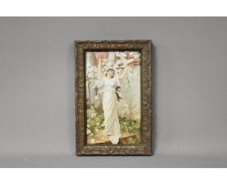 Continental School (19th Century), 24cm x 14cm, handpainted tile, Young Lady in white flowing dress admiring a Cherry Blossom