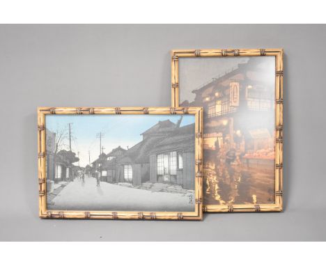 Japanese Woodblock prints 22cm by 36cm, depicting street scenes, signature marks to the lower right, in bamboo style frames (