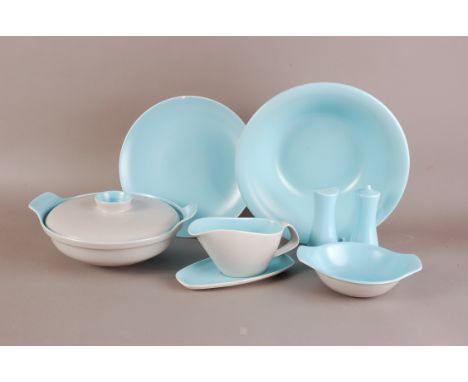 A part c1970s Poole Pottery dinner service, in sky blue and dove grey, with eight dinner plates, one chipped, eight tea and d